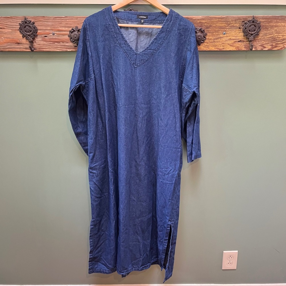 J. Peterman Womens Blue Denim Kaftan Maxi Dress V-Neck Long Sleeve Pockets L